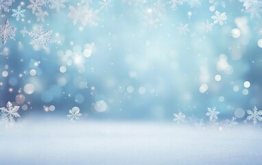 Naklejka premium Winter morning background with blurred snowflakes and bokeh.