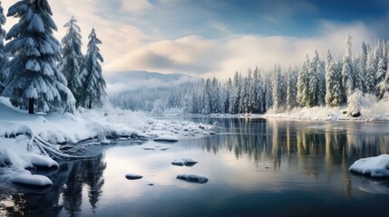 Winter forest in the Carpathians on Lake Vito - obrazy, fototapety, plakaty