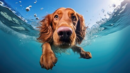 Cute Red Irish setter dog on blue background. Dog among soap bubbles. Pet grooming concept. Copy Space. Place for text - obrazy, fototapety, plakaty