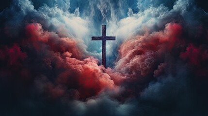 Christian cross surrounded by red and blue smoke symbolizing Heaven and Hell, good and evil, right and wrong, or other metaphor for moral choices. - obrazy, fototapety, plakaty