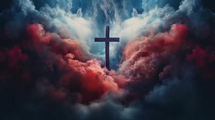 Fotobehang Christian cross surrounded by red and blue smoke symbolizing Heaven and Hell, good and evil, right and wrong, or other metaphor for moral choices. © HN Works
