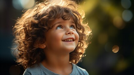 A boy with curly hair with a cheerful smile looks up, bokeh effect