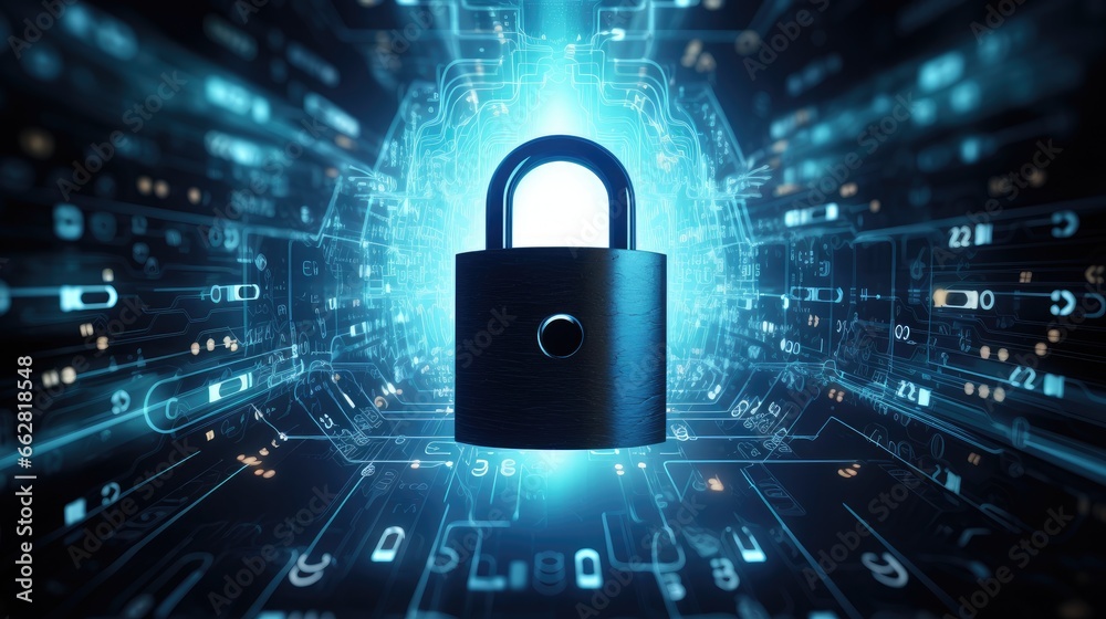 Poster Cyber data, privacy and network protection concept with padlocks binary code printed on circuit surface and abstract blue background with space for advertising poster or frame. 3D rendering, mockup