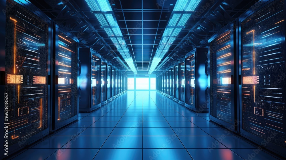 Poster Shot of Corridor in Working Data Center Full of Rack Servers and Supercomputers.
