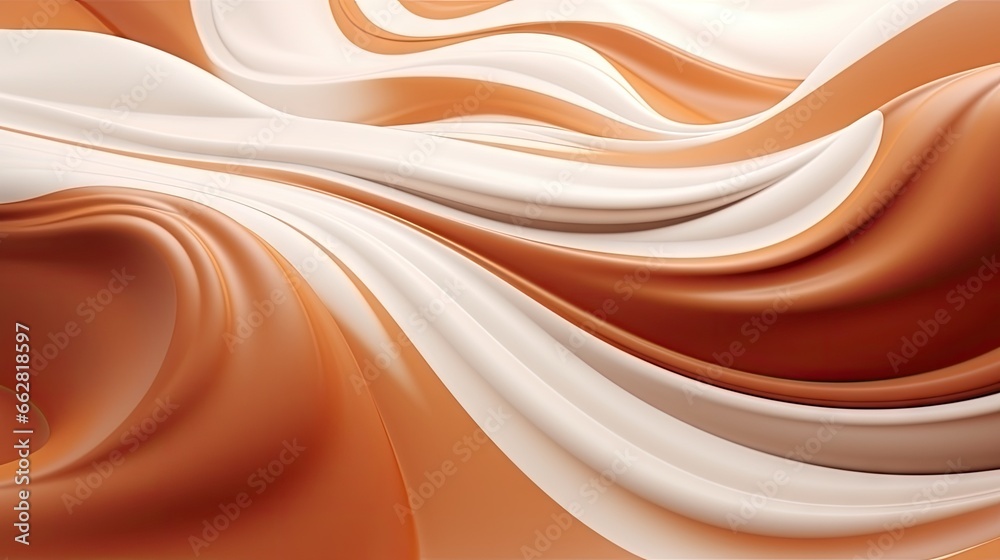 Poster abstract white and brown liquid. milk and caramel, coffee blending together. 3d render of solid shap