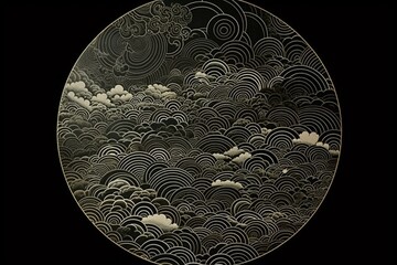 Cloud, sky, sea, khaki, circular object, black background, cosmic geometry, sacred pattern, fourteen-dimensional. Generative AI