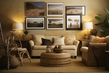 Warm and inviting living room with natural wicker furniture, creative wall display, digitally produced image. Generative AI - obrazy, fototapety, plakaty
