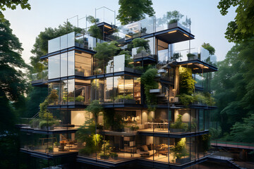 Glass office with green concept eco friendly building for sustainable future.