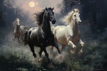 Obraz na płótnie Canvas Elusive centaurs galloping through moonlit meadows - Generative AI