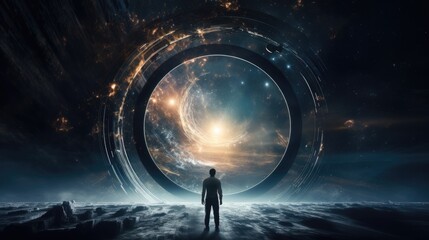 A man at a giant window looks into deep space and black hole. 5K realistic science fiction art. Elements of image provided by Nasa