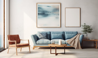 Blue sofa and terra cotta lounge chair against wall with two art posters