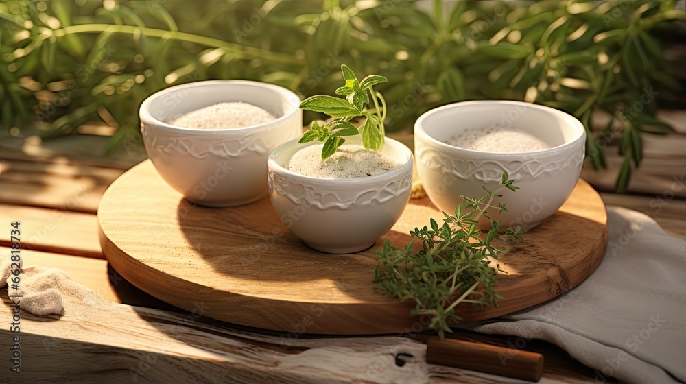 Poster Healthcare alternatives, herbal extracts powder in white cups and fresh herbs in mashed cups on wooden saucer.