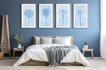 Bright blue Scandinavian bedroom with three vertical frames, boho wall background. Generative AI