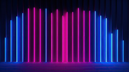 3d render, abstract minimal neon background with glowing lines. Dark wall illuminated with modern luminescent lamps. Blue pink wallpaper