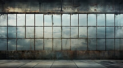 Grunge background of old shop windows of an inactive factory room, traces of aging glass, cracks. Reflections of the blue sky. Aspect ratio 3 to 1.