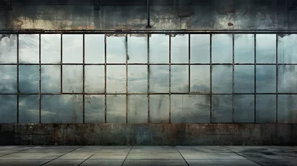 Zelfklevend Fotobehang Grunge background of old shop windows of an inactive factory room, traces of aging glass, cracks. Reflections of the blue sky. Aspect ratio 3 to 1. © HN Works