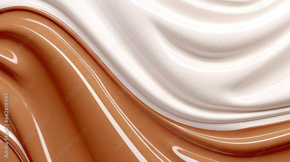 Poster abstract white and brown liquid. milk and caramel, coffee blending together. 3d render of solid shap