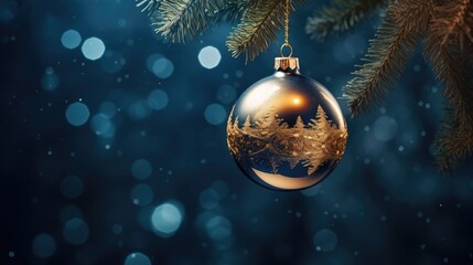 Obraz na płótnie Canvas Christmas Tree In Ball Hanging Fir Branch With Golden Glittering On Blue Abstract Night