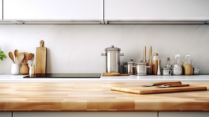 Cooking tools with wooden cutting boards, oil and shaker at white modern kitchen interior.
