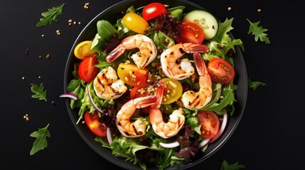 Healthy salad plate. Fresh seafood recipe. Grilled shrimps and fresh vegetable salad and egg. Grilled prawns. Healthy food. Flat lay. Top view