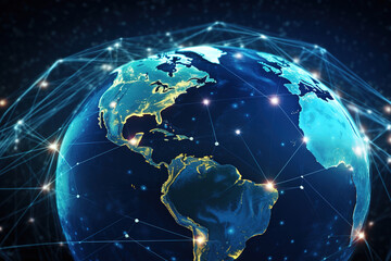 Internet network for fast data exchange over America from space, global telecommunication satellite around the world for IoT, mobile web, financial technology. - obrazy, fototapety, plakaty