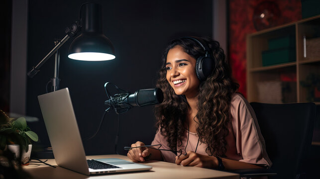 Female Brazilian Podcaster Recording Audio Podcast in Home Studio