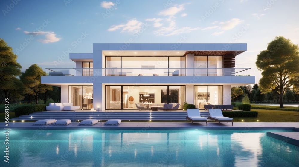 Poster 3D rendering of an impressive white modern house with pool