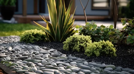 Fotobehang Decorative ground in the garden with artificial grass, gravel and explsed aggregate finish © HN Works