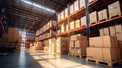 Warehouse with cardboard boxes inside on pallets racks, logistic center. Huge, large modern warehouse. Warehouse filled with cardboard boxes on shelves, boxes stand on pallets, 3D Illustration