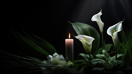Close up of candle burning flame in the darkness and arum lilies illuminated by the candlelight alongside in a conceptual image