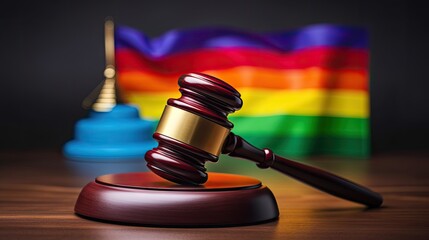 LGBT rights and laws concept. Wooden judge gavel on LGBT flags.