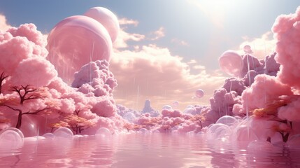 Fantasy pink scene with clouds and pink balls