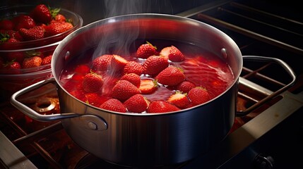 Strawberry jam oreparing process. Berries are boiled in a saucepan