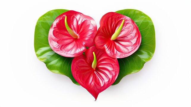 Anthurium isolated on white background. Red home flower with a yellow center. Flower in the shape of a heart. Anthurium andraeanum Araceae or Arum symbolize hospitality. Red flamingo anthurium
