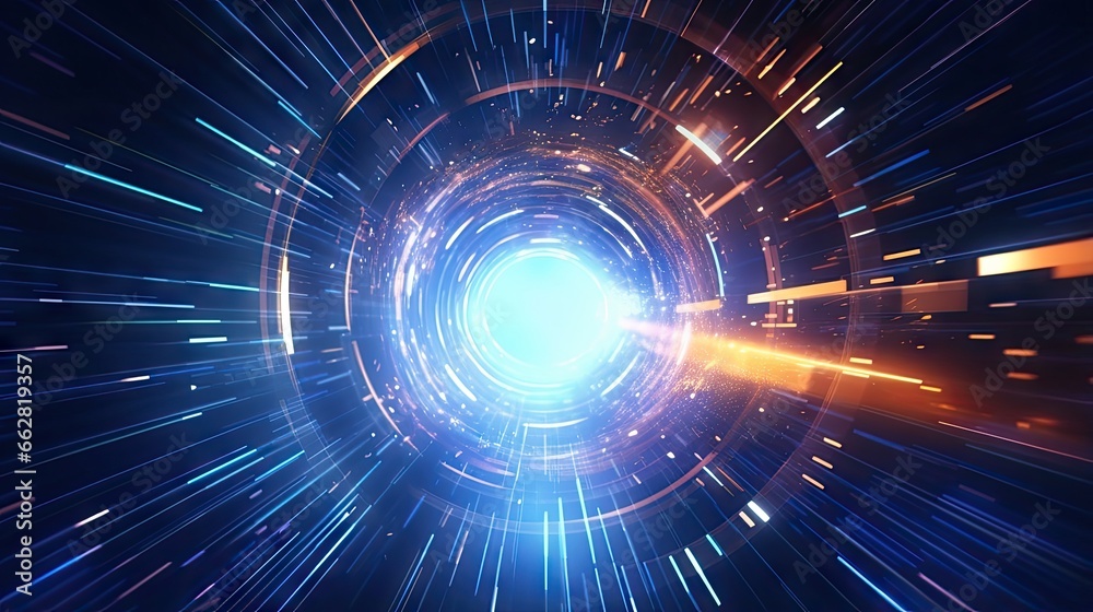Poster 3d Rendering. Flight in abstract sci-fi tunnel. Futuristic motion graphics, high tech background. Time warp portal, lightspeed hyperspace concept. Glowing hi tech texture. Cyberpunk