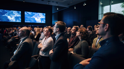 Full conference hall with people at the business conference.