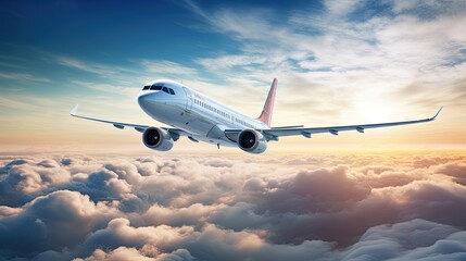 Obraz premium Commercial airplane jetliner flying above dramatic clouds in beautiful light. Travel concept.