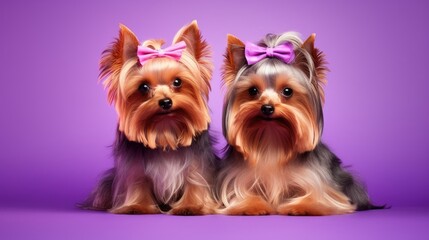 Two Cute Playful Yorkshire Terrier among purple background. Dogs after pet grooming. Copy space