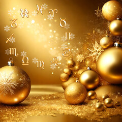 Astrology concept of gold Christmas background with zodiac signs, golden decorations, xmas tree and snowflakes in handpainted style with 3D effect