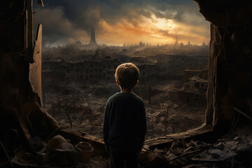 Back view of child looking at destroyed city from inside his home. - obrazy, fototapety, plakaty