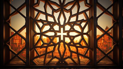 The window of a Muslim mosque behind bars in the form of a geometric hexagonal Islamic ornament. Abstract mosaic background.