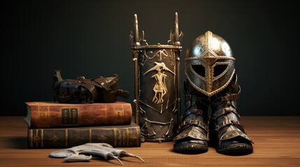 3D illustration of armor of God with helmet of salvation, breastplate of righteousness, belt of truth, shoes of readiness, sword of the spirit and shield of faith from Ephesians 6:13-14 bible verse.