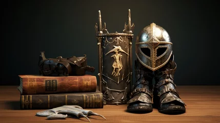 Fotobehang 3D illustration of armor of God with helmet of salvation, breastplate of righteousness, belt of truth, shoes of readiness, sword of the spirit and shield of faith from Ephesians 6:13-14 bible verse. © HN Works