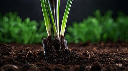 Macro shot of miniature shovel stuck in a black soil next to fresh green onion sprouts. Home gardening and growing vegetables concept. Planting young onion. Harvesting green spring onion - obrazy, fototapety, plakaty