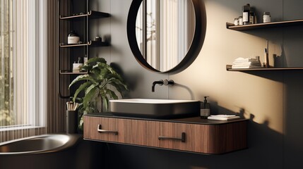A bathroom with a wall-mounted vanity and integrated sink