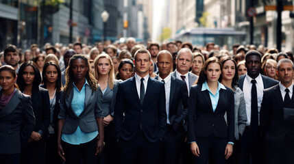 Large group of various races of business people gathered together on the street.