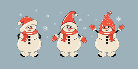 A set of funny snowmen characters in a groovy retro style. Merry Christmas and Happy New Year. Vector illustration for banner, poster, cover, postcard and much more