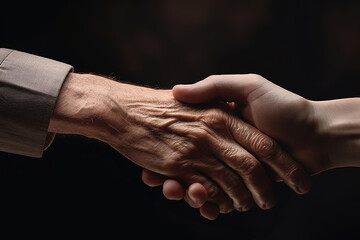 Close-up of young person's hand holding elderly person's hand as sign of caring for seniors against black background. - obrazy, fototapety, plakaty