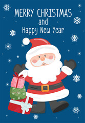 Vector Christmas card, cute friendly smiling Santa Claus gift box on blue background with message of Merry Christmas and Happy New Year