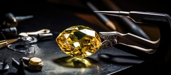 Crafting jewelry using professional tools in a jeweler s studio a beautiful macro shot of a handmade jeweler manufacturing a yellow diamond stone With copyspace for text - obrazy, fototapety, plakaty